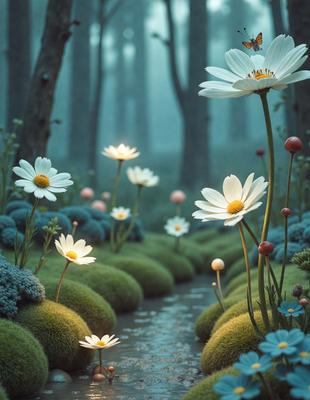 The primary subject of the image is a group of white flowers, including daisies, placed in a water-filled garden setting. The flowers are illuminated by a soft, warm light, creating a serene and peaceful atmosphere. The setting includes a stream of water, and the flowers are positioned on mossy rocks, adding to the natural and picturesque scene. The visual style of the image is a combination of digital art and illustration, with the flowers and their surroundings skillfully rendered in vibrant colors